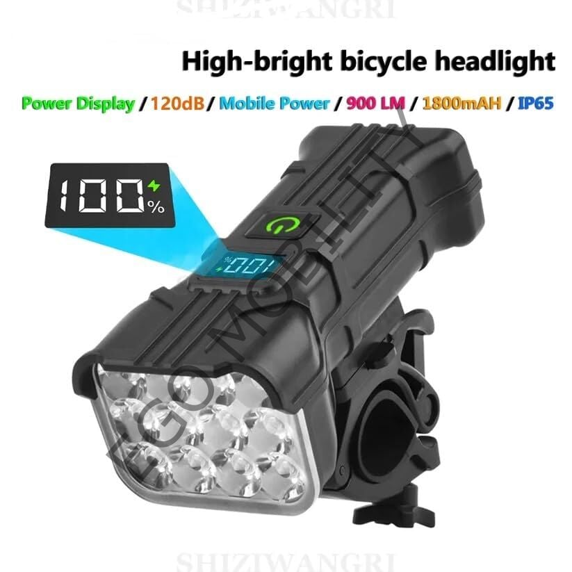 Çok Fonksiyonlu 12 LED'li Bisiklet Işığı - 120 dB Korna + Dijital Şarj Göstergeli